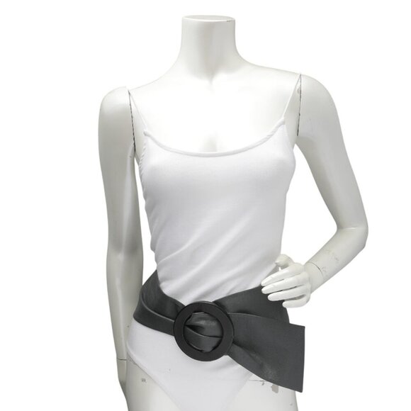 Vintage Susana Grazo Leather Wrap Wide Belt Large Round Wood Buckle Grey Black - Picture 2 of 9